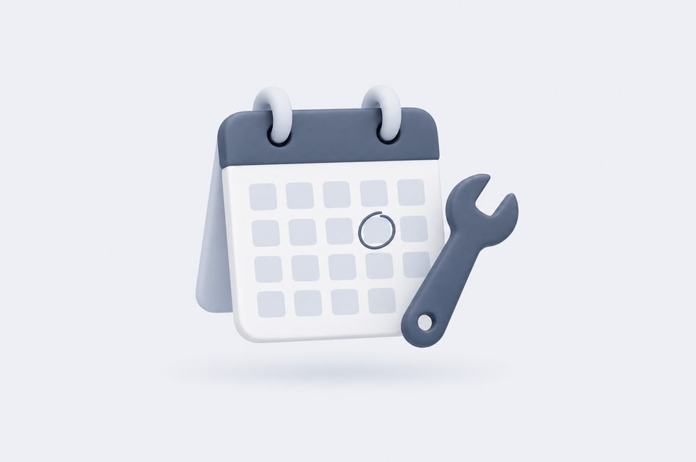 Illustration: Kalender mit markiertem Tag und Schraubenschlüssel