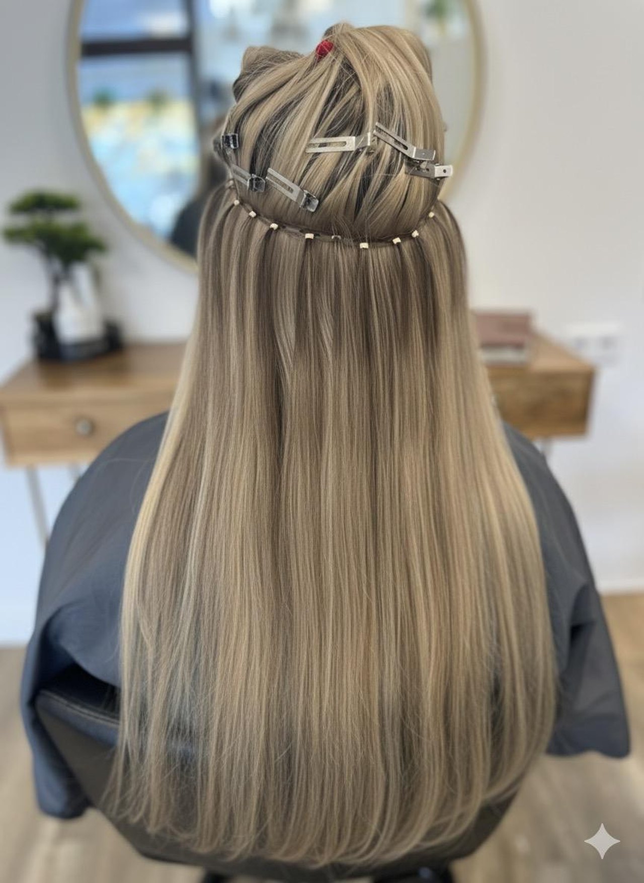 Lange, blonde Haarextensions sind mit kleinen Microringen und silbernen Clips am Hinterkopf einer Person befestigt.