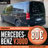 Schwarzer Mercedes-Benz V300D mit Text "PERFEKT FÜR DEINE FAMILIE", "ab 80€ Tagesmiete" und "HÜTO CARS".