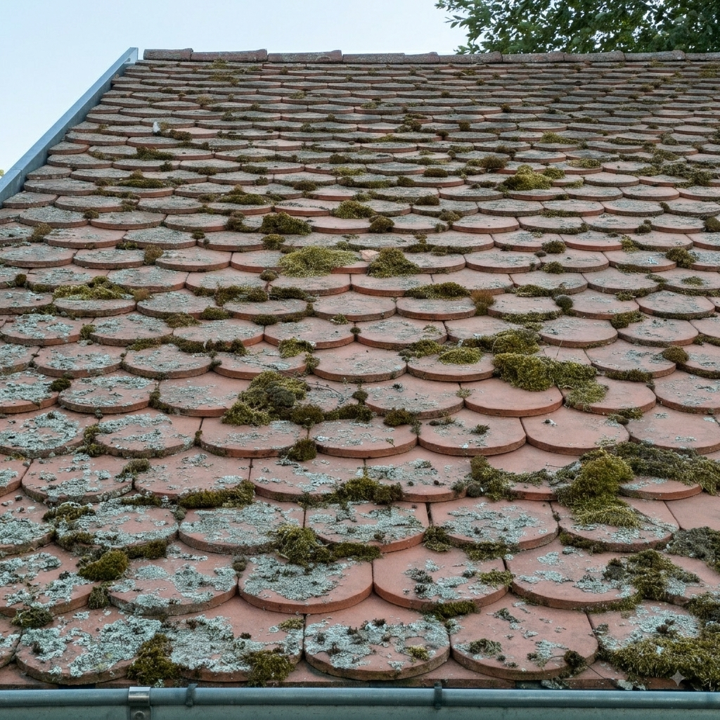 Bemooste Dachziegel mit Flechten nach Regen