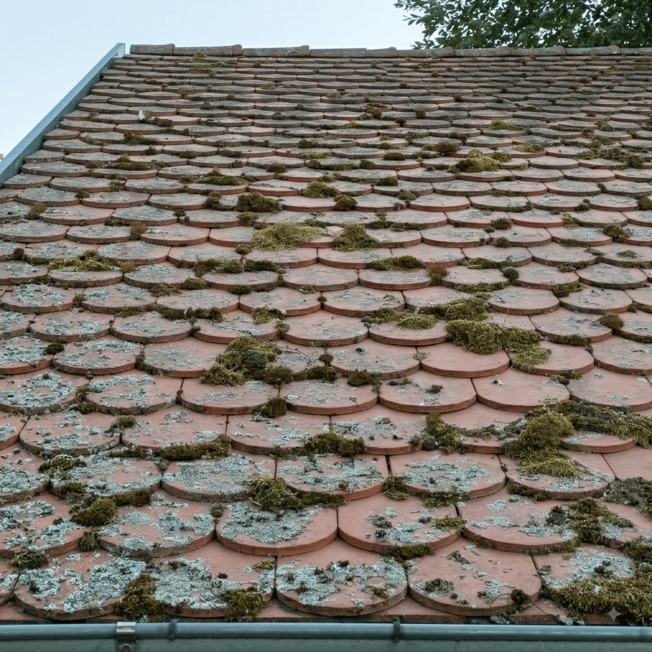 Bemooste Dachziegel mit Flechten nach Regen