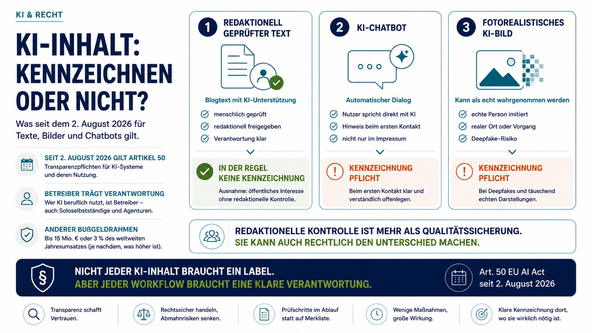 Infografik zur KI-Kennzeichnungspflicht nach Artikel 50 des EU AI Acts. Sie vergleicht drei typische Anwendungsfälle: redaktionell geprüfte KI-Texte, KI-Chatbots und fotorealistische KI-Bilder. Sie zeigt, wann eine Kennzeichnung in der Regel erforderlich ist.