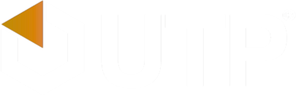 UTP Logo mit weißer, sechseckiger Form und einem orangefarbenen Dreieck, daneben der weiße Text "UTP".