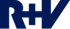 Dunkelblauer R+V-Schriftzug auf dunkelgrünem Hintergrund.