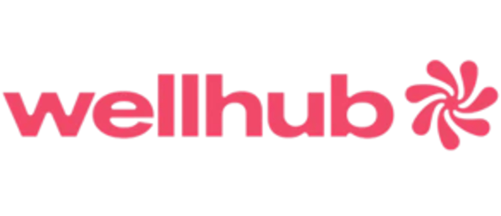 Pinkfarbenes Wellhub-Logo mit einem stilisierten Blütenblatt-Wirbel als Teil des Logos.