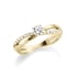 Geschwungener Verlobungsring aus Gelbgold mit einem zentralen Diamanten und kleinen Diamanten auf der Ringschiene.