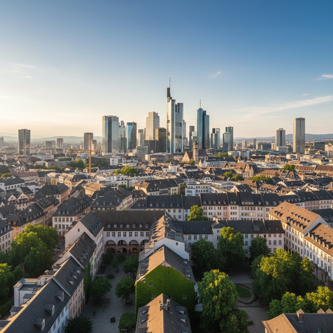 Wohnhäuser mit Ziegeldächern vor der Frankfurter Skyline