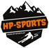Schwarz-weißes Logo mit Bergen, Skifahrer und orangefarbenem Text "HP-SPORTS" und "WWW.HP-SPORTS.AT".