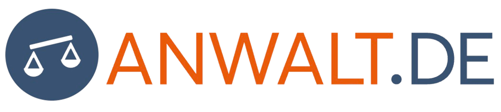 Logo von anwalt.de mit einer Waage in einem blauen Kreis und dem Schriftzug in Orange und Blau auf schwarzem Grund.