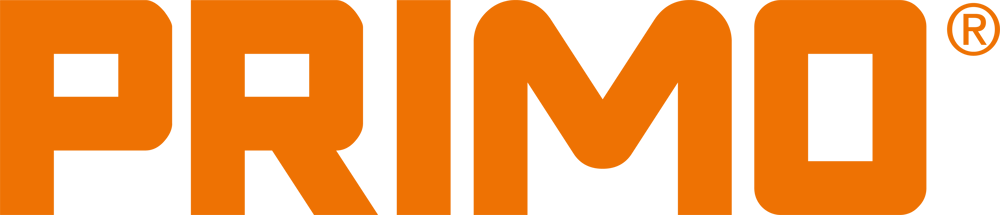 Oranges Logo mit dem Wort „PRIMO“ in Großbuchstaben und einem eingekreisten R.