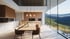 Geräumiges, modernes Esszimmer mit Holztisch und Stühlen, hohen Decken und Panoramafenstern mit Blick auf grüne Berge.