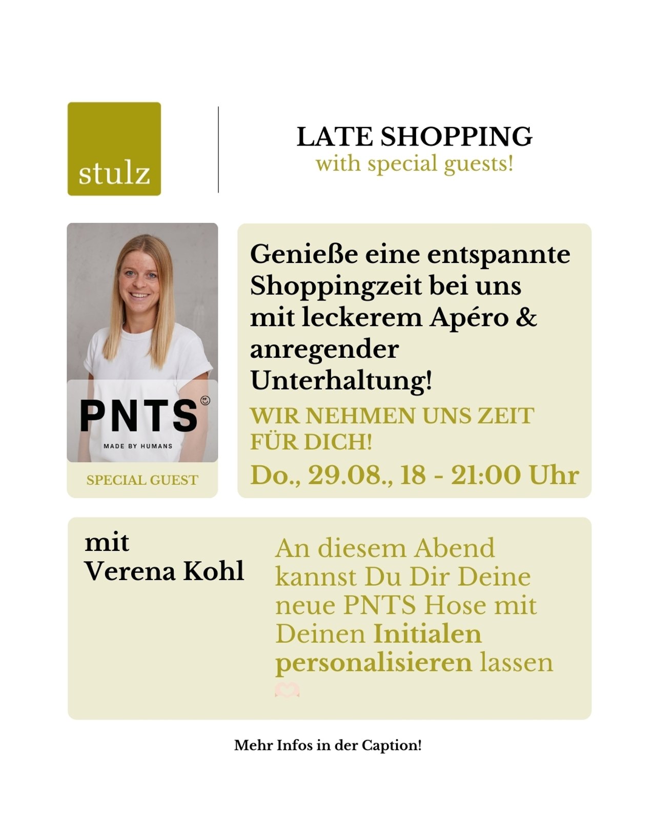 Anzeige Stulz Mode: Late Shopping mit Gästin Verena Kohl, Donnerstag 18 bis 21 Uhr