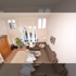Geräumiges Wohnzimmer mit braunem Ecksofa, Holzkabinett und großen Fenstern.