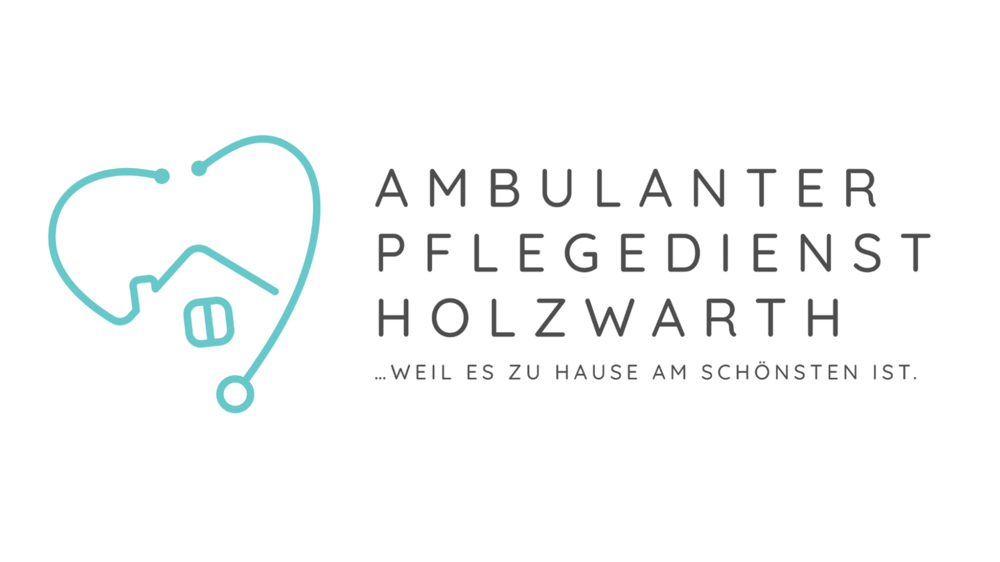 Logo mit hellblauem Stethoskop, das ein Haus umrahmt, und dem Text "AMBULANTER PFLEGEDIENST HOLZWARTH ...WEIL ES ZU HAUSE AM SCHÖNSTEN IST."