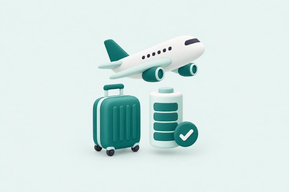Illustration: Flugzeug, Koffer und Akku mit Haken