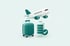 Illustration: Flugzeug, Koffer und Akku mit Haken