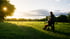 Eine Person schiebt einen Rollator mit einer älteren Person auf einem Feldweg bei Sonnenuntergang.