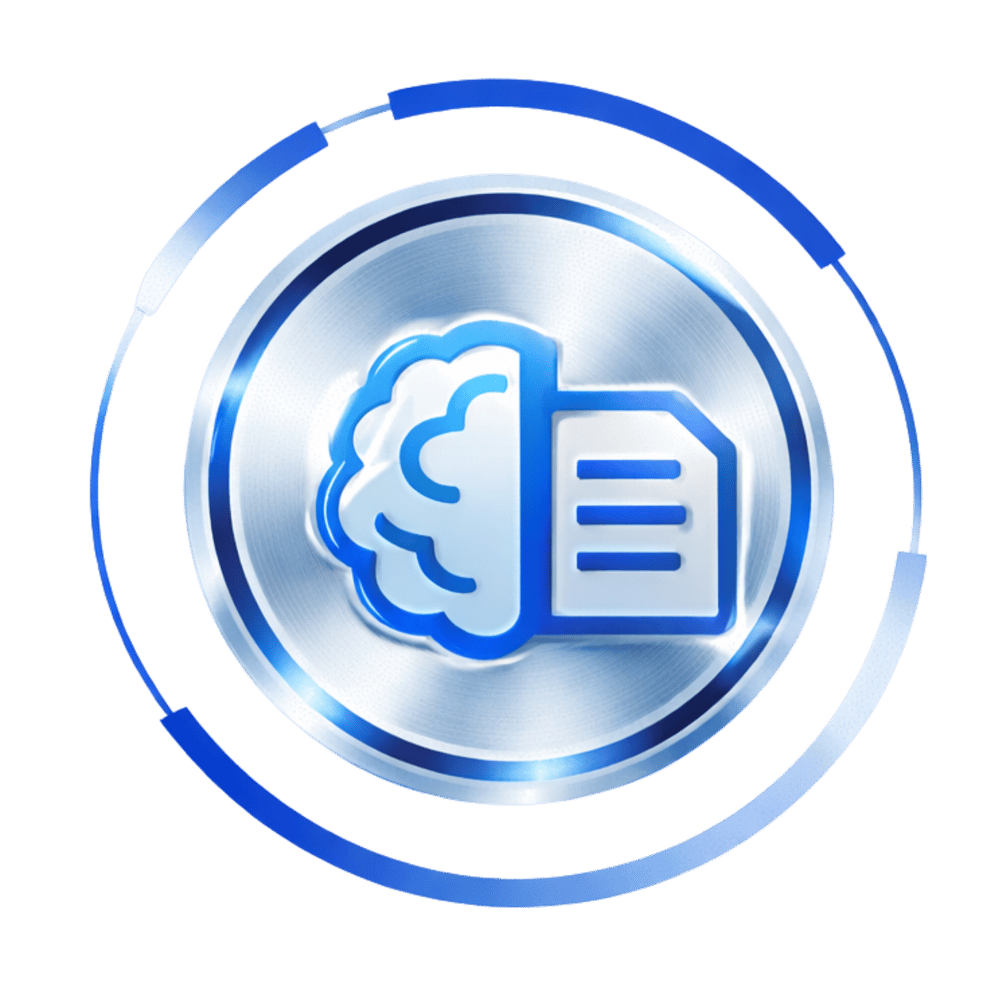 Silbernes, kreisförmiges Symbol mit einem Gehirn und einem Dokument.