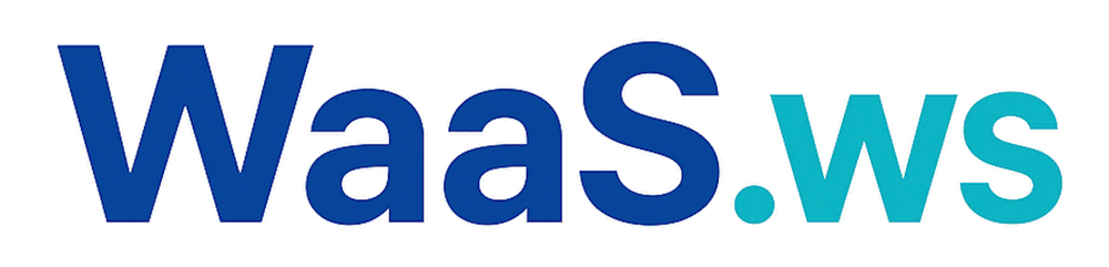 Das Logo zeigt den Text "WaaS.WS" in blau und türkis mit weißem Rand auf grünem Hintergrund.