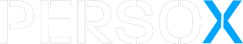 PER SO X-Logo: Weißer Text "PERSO" und blaues "X" auf dunkelgrünem Hintergrund.