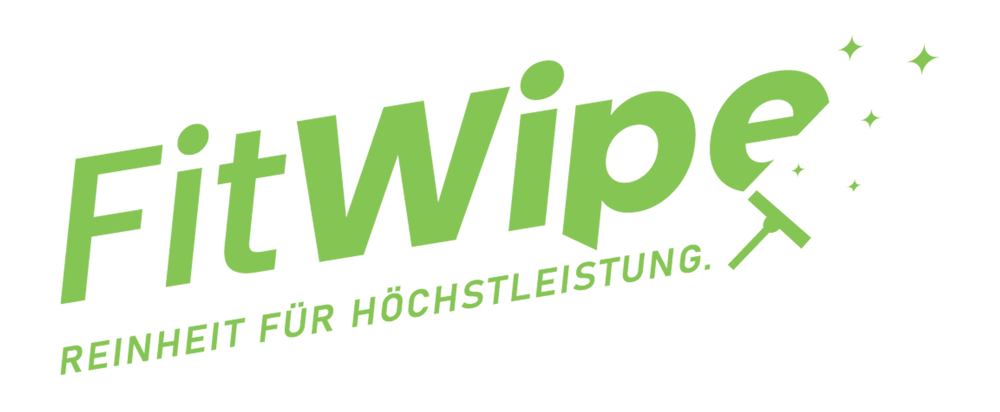Grünes Logo mit "FitWipe" und dem Slogan "REINHEIT FÜR HÖCHSTLEISTUNG" auf dunkelgrünem Hintergrund.