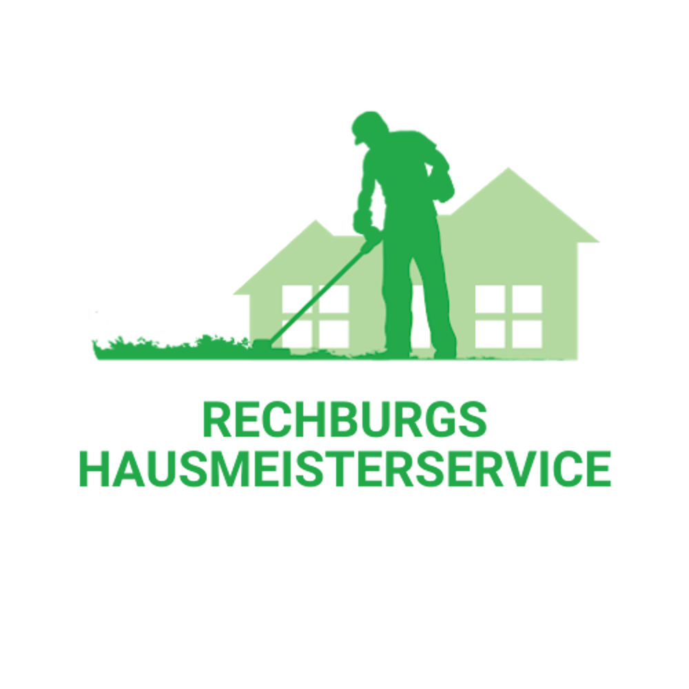 Grünes Logo: Person mäht Rasen vor zwei Häusern, darunter Text "RECHBURGS HAUSMEISTERSERVICE"