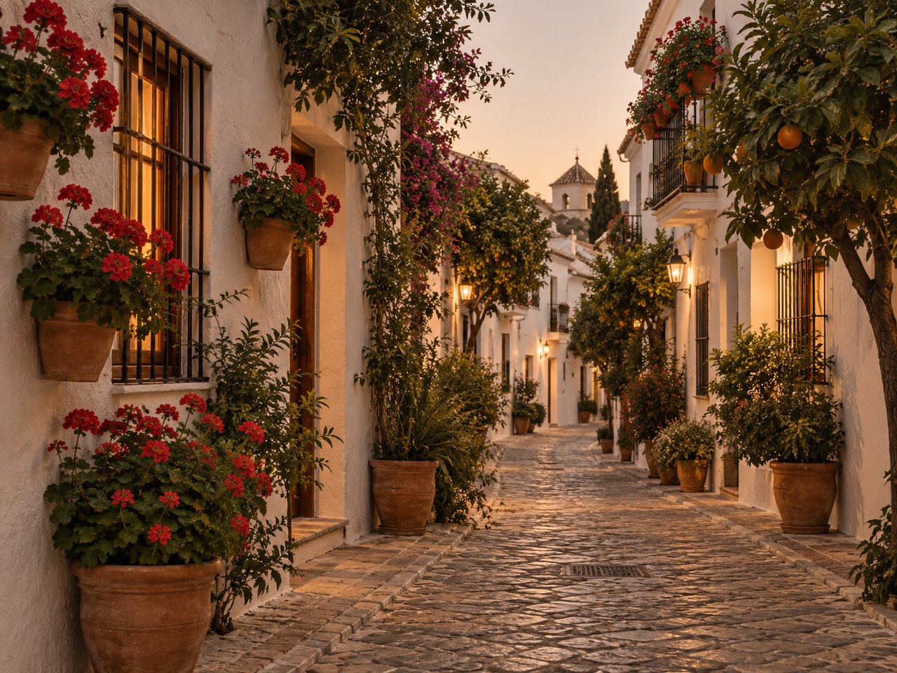 A narrow white street in Marbella old town with orange trees and red geraniums