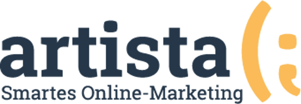 Artista Logo mit dunkelblauem Text "artista" und orangefarbenem Smiley-Symbol, darunter "Smartes Online-Marketing".