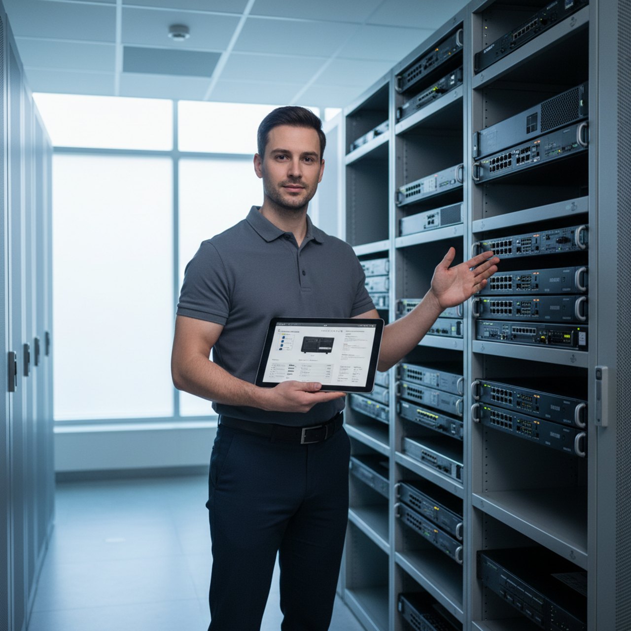 Technikerin prüft Hardware im Serverraum
