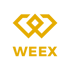 WEEX logo: Stylized golden "W" above the word "WEEX" in golden sans-serif font on a dark green background.