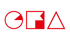 Rote, geometrische Formen auf schwarzem Grund bilden abstrakt den Schriftzug GFA aus Kreis, Quadrat und Dreieck.