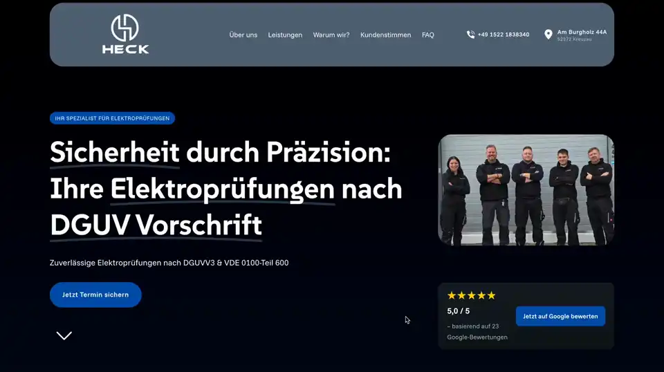 Bildschirmaufnahme der neuen Website von Dienstleistungen Heck