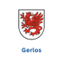Wappen von Gerlos mit rotem Greif auf weißem Schild und blauer Schrift "Gerlos" darunter.