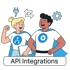 Zwei lächelnde Personen in Umhängen mit API- und Zahnrad-Logos, über ihnen ein Stecker und Pfeile, darunter „API Integrations“.