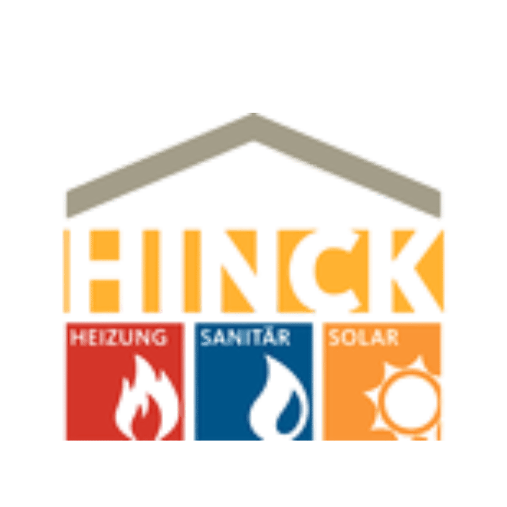 Hinck Logo: Hausdach über "HINCK", darunter drei farbige Quadrate mit Piktogrammen und Text.