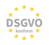 Graues "DSGVO konform" Logo mit zwölf gelben Sternen auf grünem Hintergrund.