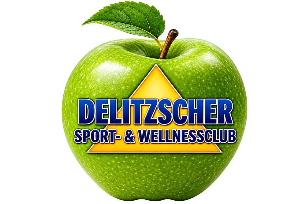 Grüner Apfel mit Logo vom Delitzscher Sport- & Wellnessclub vor schwarzem Hintergrund.