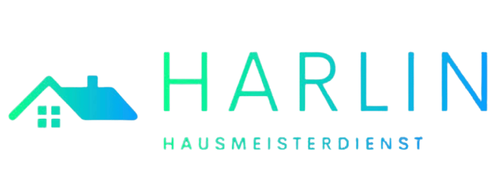 Logo von Harlin Hausmeisterdienst: Ein stilisiertes Haus mit HARLIN und HAUSMEISTERDIENST in Türkis-Blau.