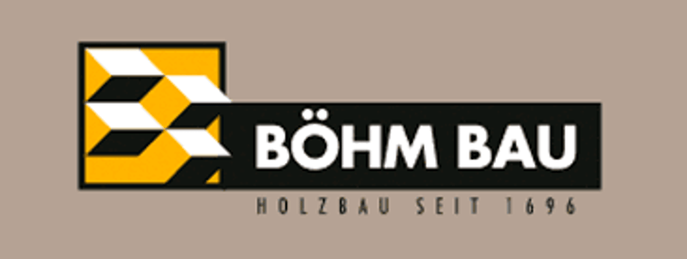 Logo von BÖHM BAU HOLZBAU SEIT 1696 mit einem stilisierten gelb-schwarzen Würfelmuster.