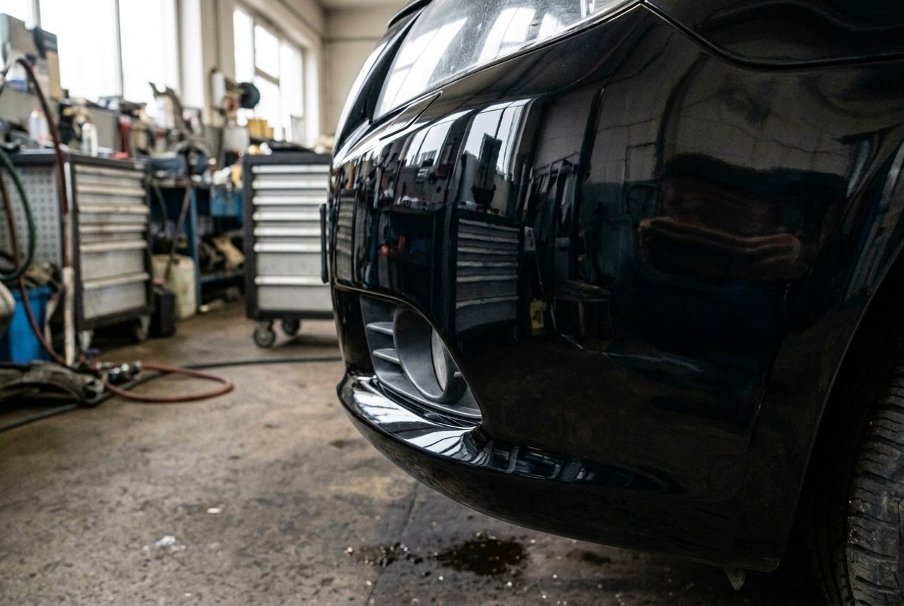 Dieselbe Stoßstangenecke mit gleichmäßig glänzendem Lack nach dem Spot-Repair