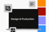 Laptop mit Text "Design & Production" auf dem Bildschirm, umgeben von Design- und Produktionssymbolen.