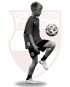 Junge dribbelt einen Fußball mit dem rechten Fuß vor einem roten Wappen mit „F.C. ROT-WEISS MÖNCHENGLADBACH 26 e.V.“