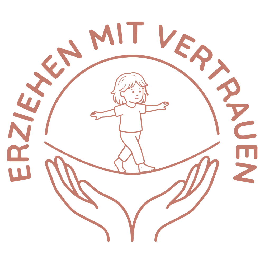 Rosa Umrisszeichnung eines Kindes, das auf einem Seil balanciert, gestützt von zwei Händen, umgeben von "ERZIEHEN MIT VERTRAUEN".