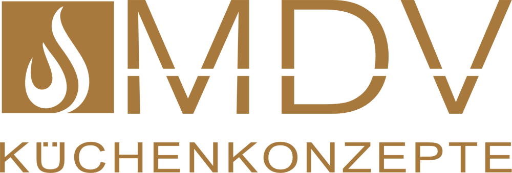 Logo: MDV Küchenkonzepte, mit stilisiertem Flammen-Symbol.