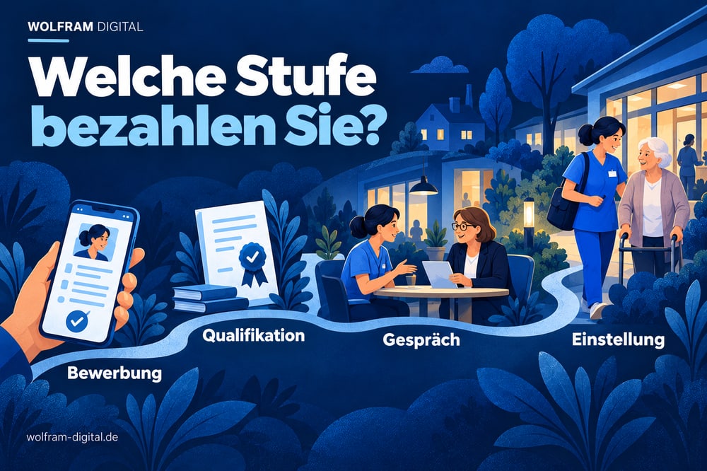 Welche Stufe bezahlen Sie?. Bewerbung. Qualifikation. Gespräch. Einstellung