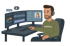 Video-Editor am Schnittplatz mit mehreren Monitoren bei Kopfkino