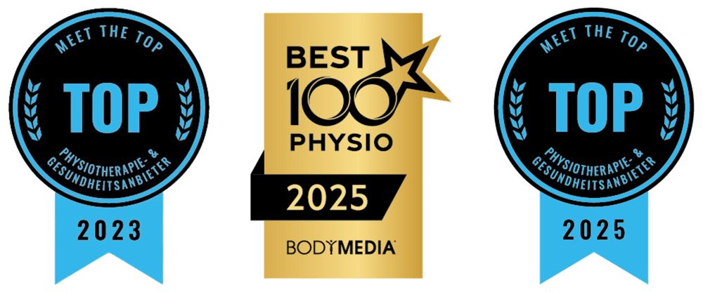 Drei Auszeichnungen: "TOP Physiotherapie- & Gesundheitsanbieter 2023", "BEST 100 PHYSIO 2025 BODYMEDIA", "TOP Physiotherapie- & Gesundheitsanbieter 2025".