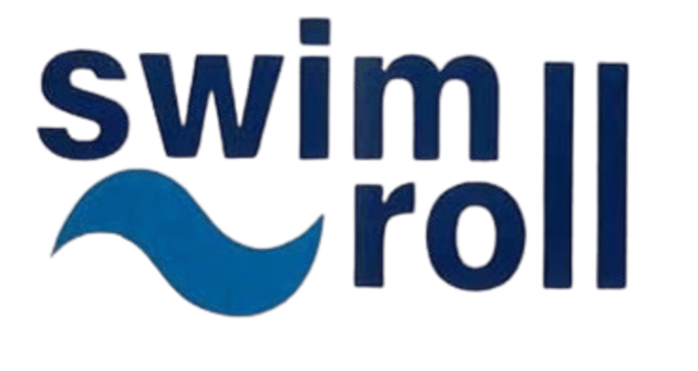 Logo "swimroll" mit blauer Wellenform unter "swim", Schriftzug in dunklem Blau.