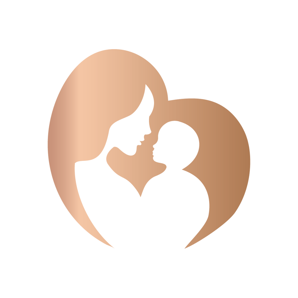 Goldene Silhouette einer Mutter, die ein Baby in einem Herz umarmt.