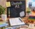 Alemán con Margarita. Schreibtafel mit Aufschrift Deutsch A1, Lernzielen und Kölner Dom im Hintergrund neben einer Checkliste für Sprachschüler.